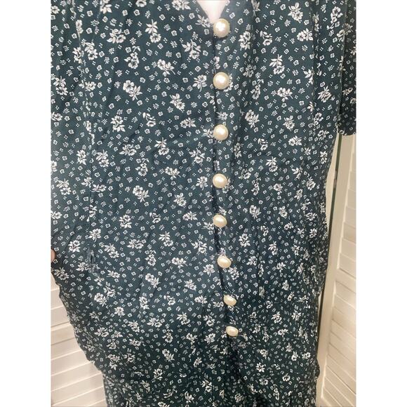 Vintage 80s 90s Floral Green Bib Knee Length Dress Layered Pullover Sz 20 - Picture 4 of 10